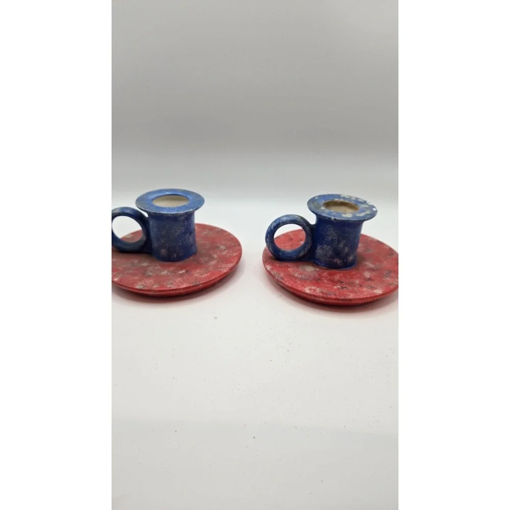Patriotic 1776 Ceramic Chamberstick Candle Holders Pair Rustic Americana Decor